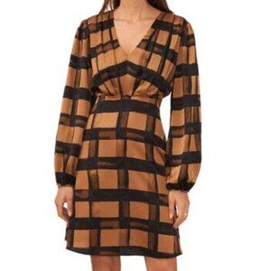 NWT! Halogen Women's Checkered Brown Black Print Long Sleeve V-Neck Dress- XXS